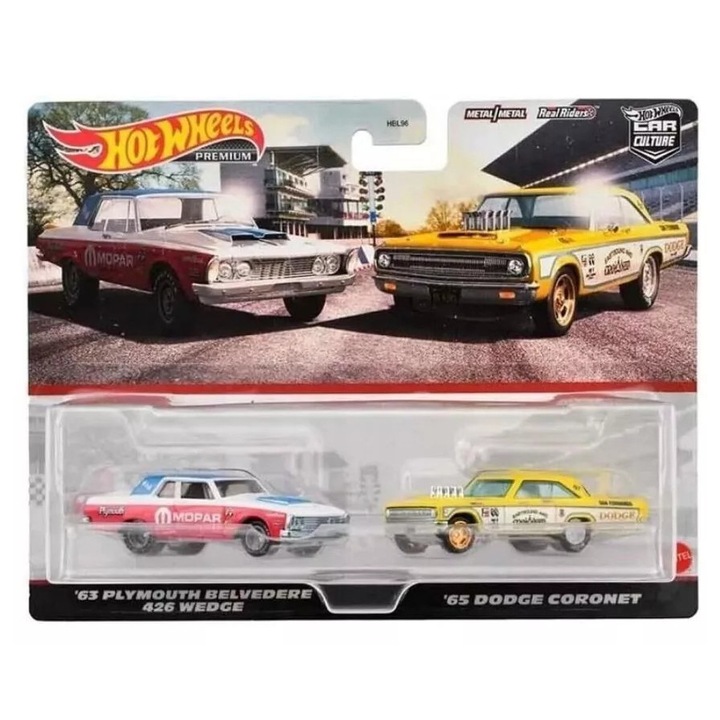 2 darabos Plymouth Belvedere 426 Wedge 1963 és Dodge Coronet 1965 diecast autók 1:64-es méretarányú Hotwheels autókkal