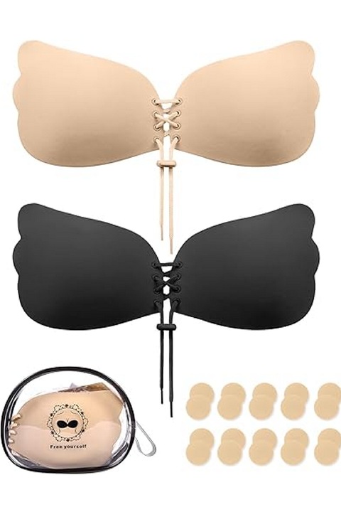 Set 2 Sutiene invizibile fara bretele Nadeer, Push-up cu snur, adeziv, reutilizabil, ideal pentru rochii fara spate, nude si negru
