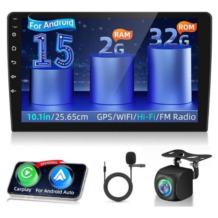 Navigatie auto SkyTechs® Android 15 [2GB+32GB] ecran 10.1 inch HD 1080P cu android Auto Carplay Wireless GPS touchscreen GPS Mirror Link receptor FM WiFi camera marsarier AHD si microfon inclus