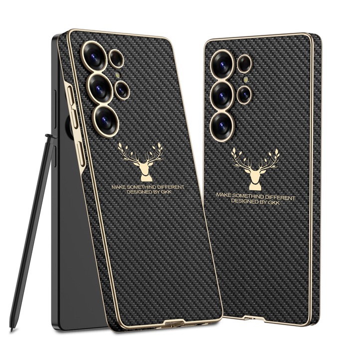 Калъф за Samsung Galaxy S25 Ultra, Луксозно издание, изработен от екокожа със златни вложки Agora, Карбон