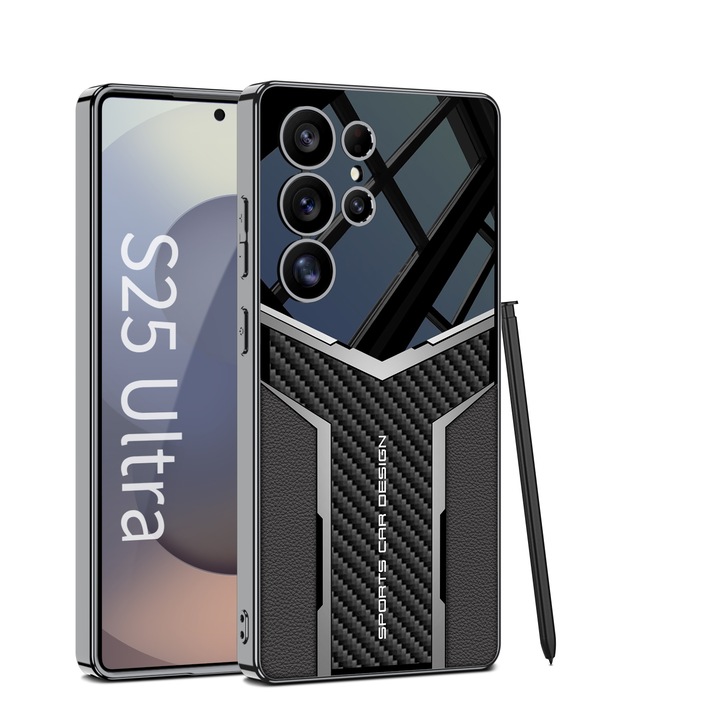 Samsung Galaxy S25 Ultra kompatibilis tok, Agora öko-bőr fém betétekkel, fekete