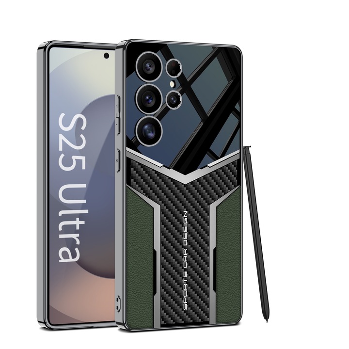 Samsung Galaxy S25 Ultra tok, Agora öko-bőr fém betétekkel, sötétzöld