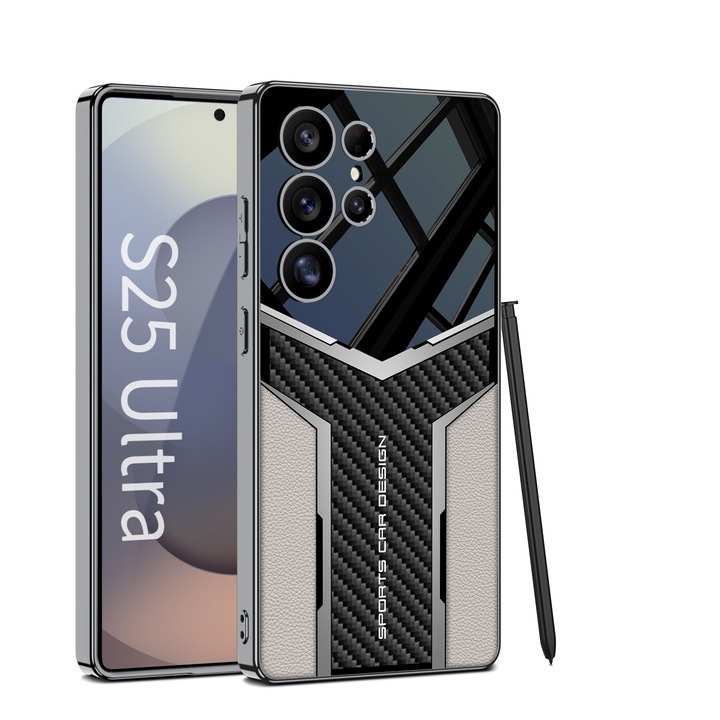 Калъф за Samsung Galaxy S25 Ultra, екокожа с метални вложки Agora, титаниево сив