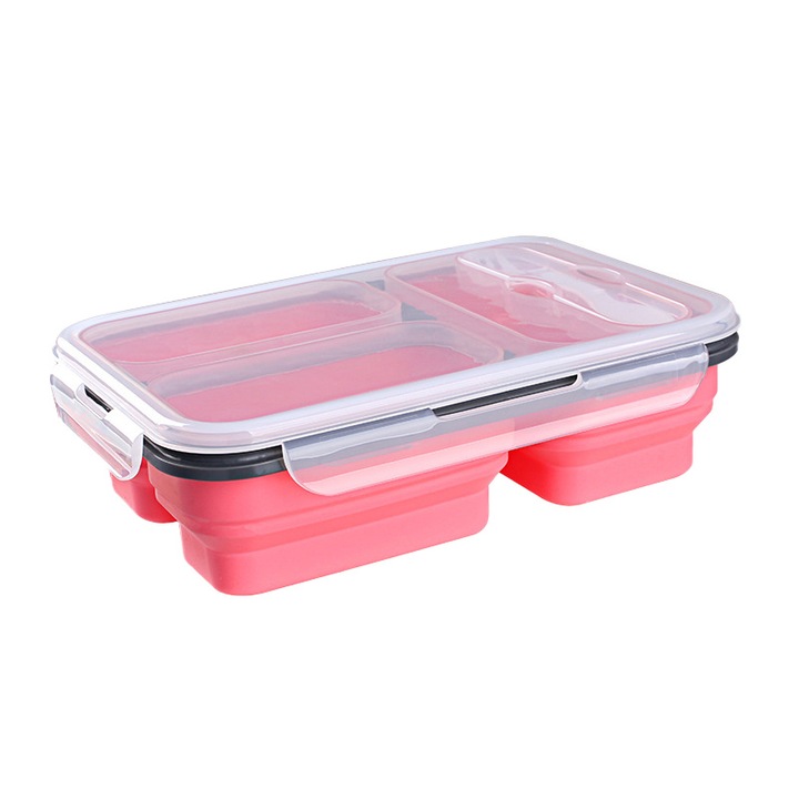 Cutie alimentara pliabila, 3 compartimente, roz, 25x17.5x7.5cm