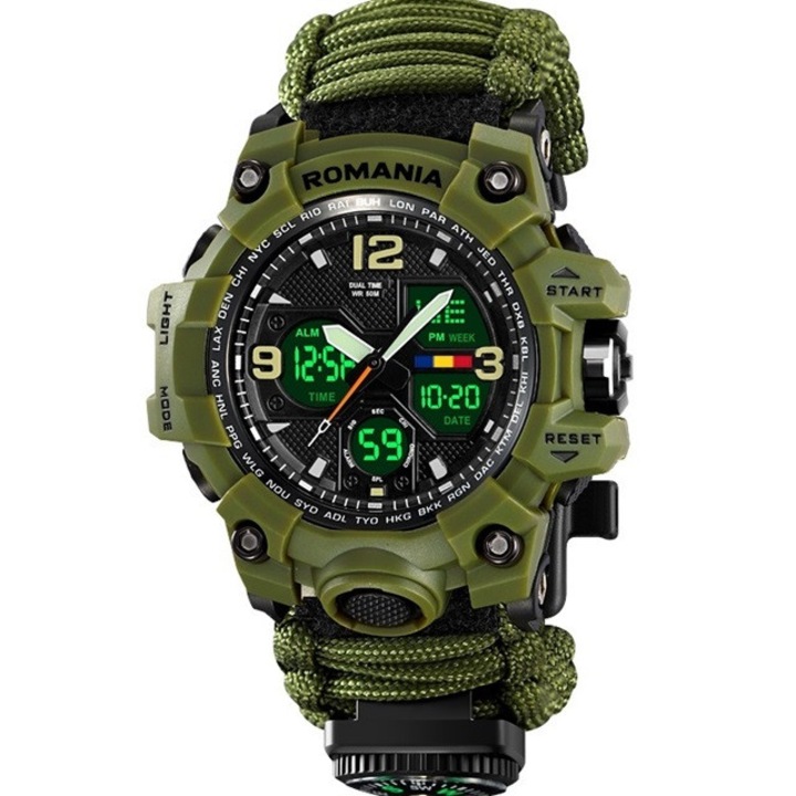 Ceas Personalizat Romania Cu Tricolor, Mecanism Quartz, Bratara Paracord, Barbati, Afisaj Analog si Digital, Rezistent la apa 5ATM, Army Green
