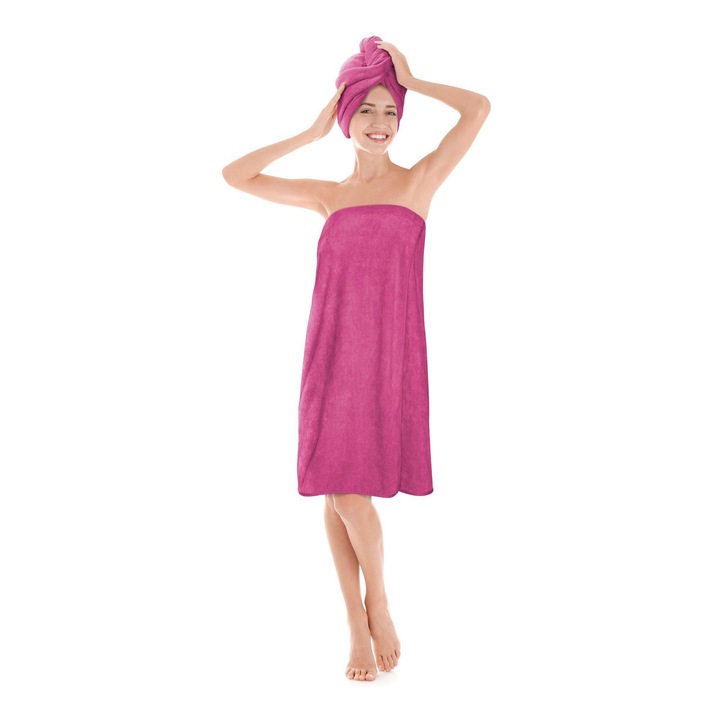 Prosop de sauna pentru femei Pareo L/XL, 75x160 cm, fucsia, microfibra, inchidere cu velcro