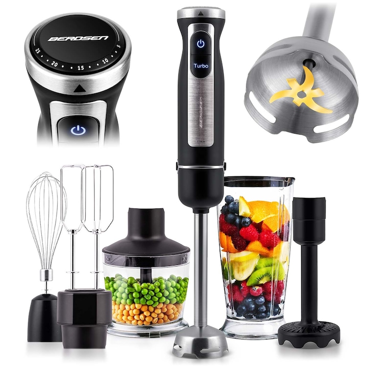 Blender de mana BHB1200, 1200 W, 6 viteze, set cu bol de tocat 500 ml si pahar 600 ml, inox