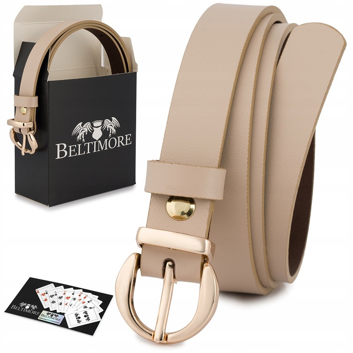 Női öv valódi bőrből, bézs színű, 1,8 cm széles, arany csattal, dobozzal együtt