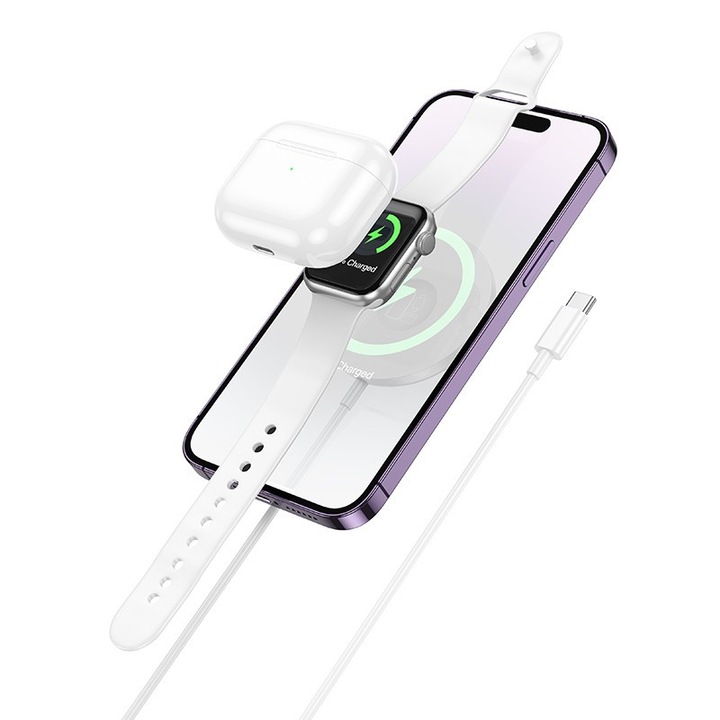Hoco CW50 Gyors 3 az 1-ben Mágneses MagSafe 15W Vezeték Nélküli Töltő 1m USB-C Kábellel, Fehér
