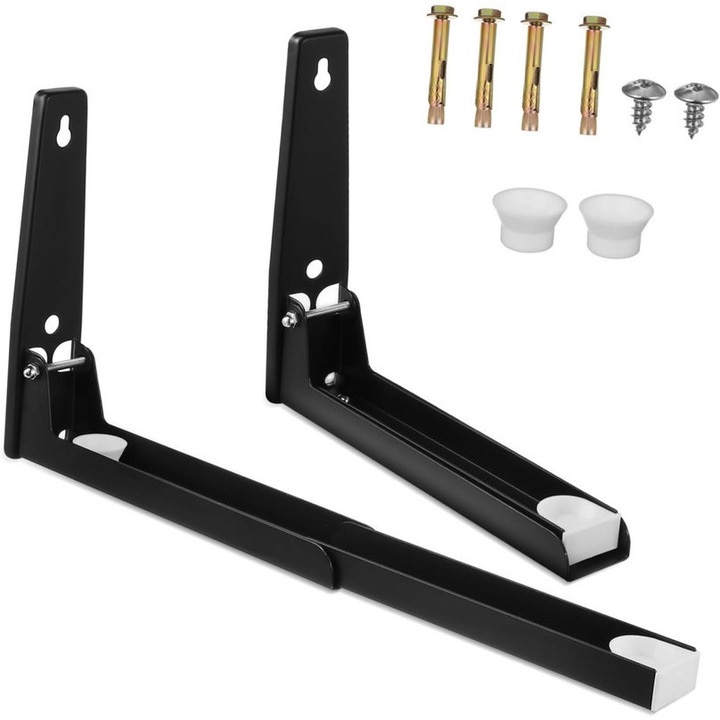 Suport cuptor cu microunde, Caltucus Core®, retractabil, foldabil, negru, dimensiuni ajustabile 22x40cm, set complet de montaj