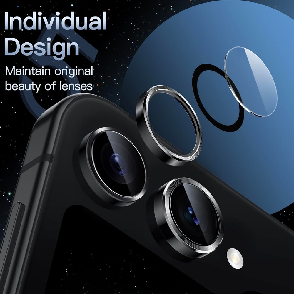 Folie de Protectie Lentile Camera pentru Samsung Galaxy Z Flip 8, OPTIM SOLUTION, Sticla Securizata pentru Lentila, Protectie Camera, Clear HD Ultra Technology, Stronger Adsorption, Negru