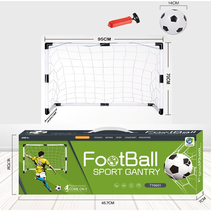 Gyermek futballkapu szett, labda, pumpa, 95x70x48cm, 14cm labda átmérő
