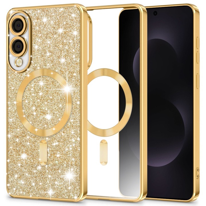 Husa pentru Samsung Galaxy S25 Edge, SKYDDAR INNOVATION, Luxury Glitter Magsafe, Antisoc, Fundal Detasabil 2-in-1, Protectie Superioara, Margini Ridicate, Auriu, set cu sticker