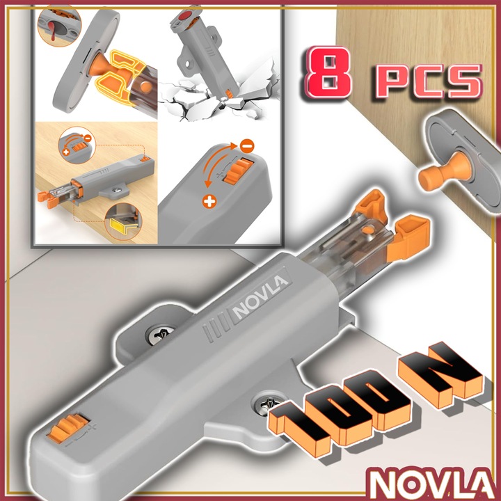 Set 8 Sisteme Push to Open cu Amortizare pentru Usi si Sertare, NOVLA, Dimensiuni 11.2x3.25x1.93 cm, Culoare Gri – Feronerie Mobila cu Deschidere prin Apasare si Inchidere Silentioasa