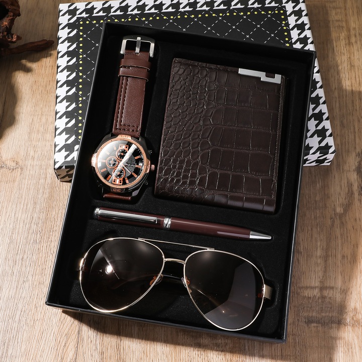 Set cadou pentru barbati, ochelari de soare, portofel, ceas, stilou, 9x7x4cm, maro deschis