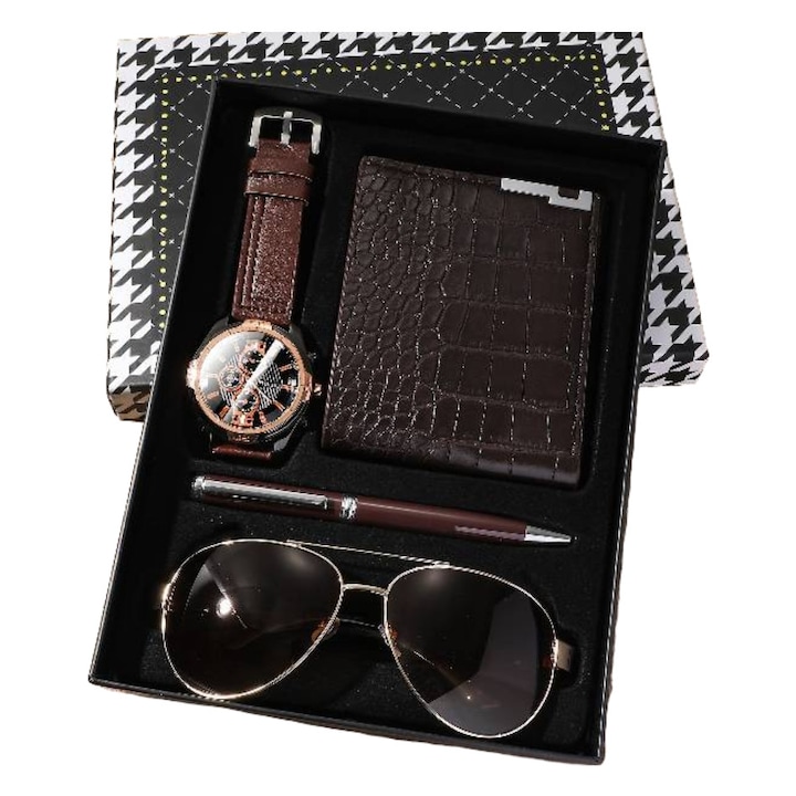 Set cadou pentru barbati, ochelari de soare, portofel, ceas, stilou, 9x7x4cm, maro deschis