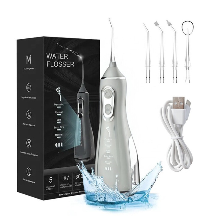 Irigator bucal inteligent LEDASSE®, 5 moduri, 300ml, 4 capete cu rotatie 360°, Eficienta ridicata presiune 4.1-9.6 bar, 1600-1800 pulsuri/min, IPX7, USB, portabil, Utilizare pana la 50de zile, igiena dentara completa, Alb