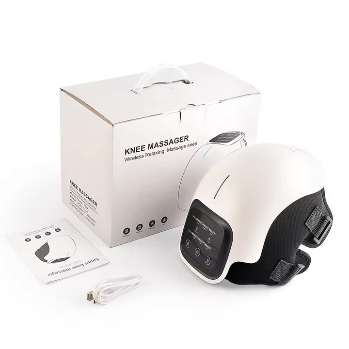 SeveShop® Térdmasszírozó, Termikus Kompresszióval, Vibrációval, Infravörös És Lézerrel, 3 Fűtési Móddal, 3 Vibrációs Szinttel, Érintőképernyővel, Állítható Pántokkal, USB-C Újratölthető, Ízületi Fájdalmakra, Relaxációra, Fekete-Fehér