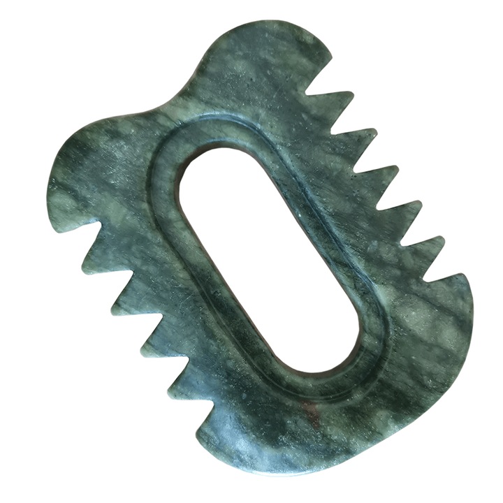 Dispozitiv multifunctional din jad, cu maner, cu zimti, pentru masaj anticelulitic/slimming/Gua Sha