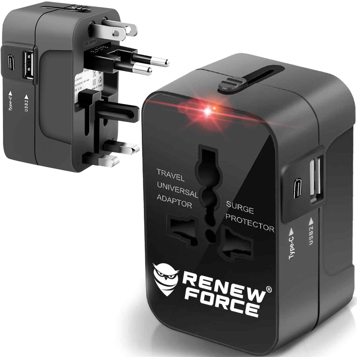 Adaptor incarcator universal de calatorie Renew Force, plastic, 2 porturi USB, universal, incarcator USB cu prize US UK EU AUST, pana la trei dispozitive simultan, 4, 8x7, 6x3, 8 cm, negru HHT931