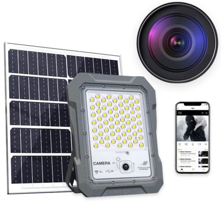 Proiector LED 200W cu Camera de Supraveghere Integrata, 1440P, Wi-Fi, Panou Solar si Acumulator 30.000 mAh – Iluminat Inteligent si Securitate pentru Exterior
