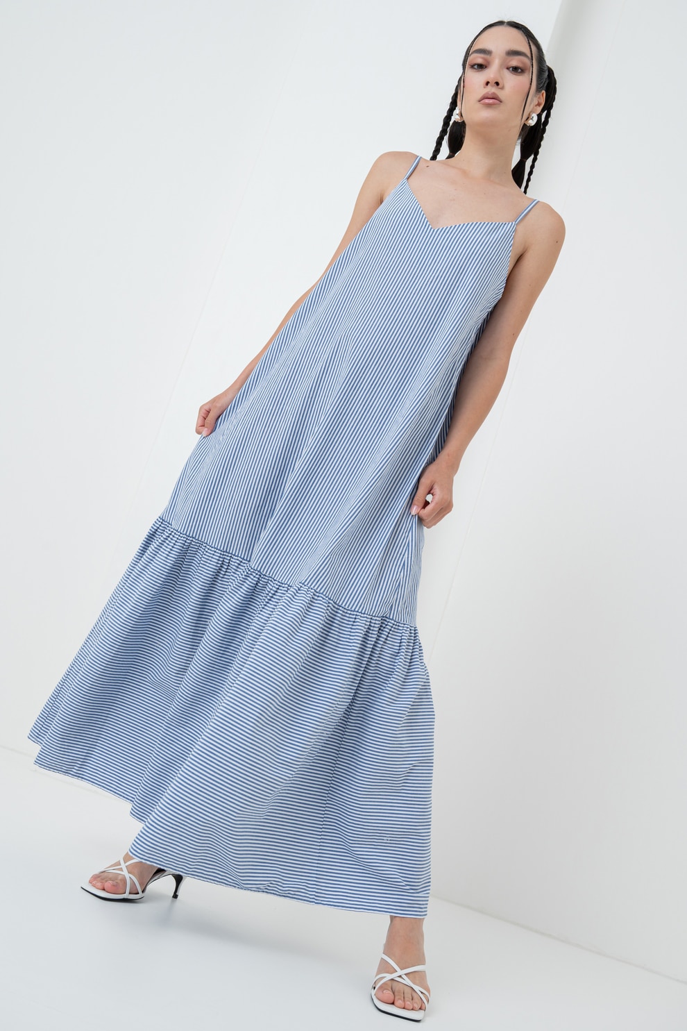 United Colors of Benetton, Rochie lunga cu model in dungi, Alb, Bleumarin, S