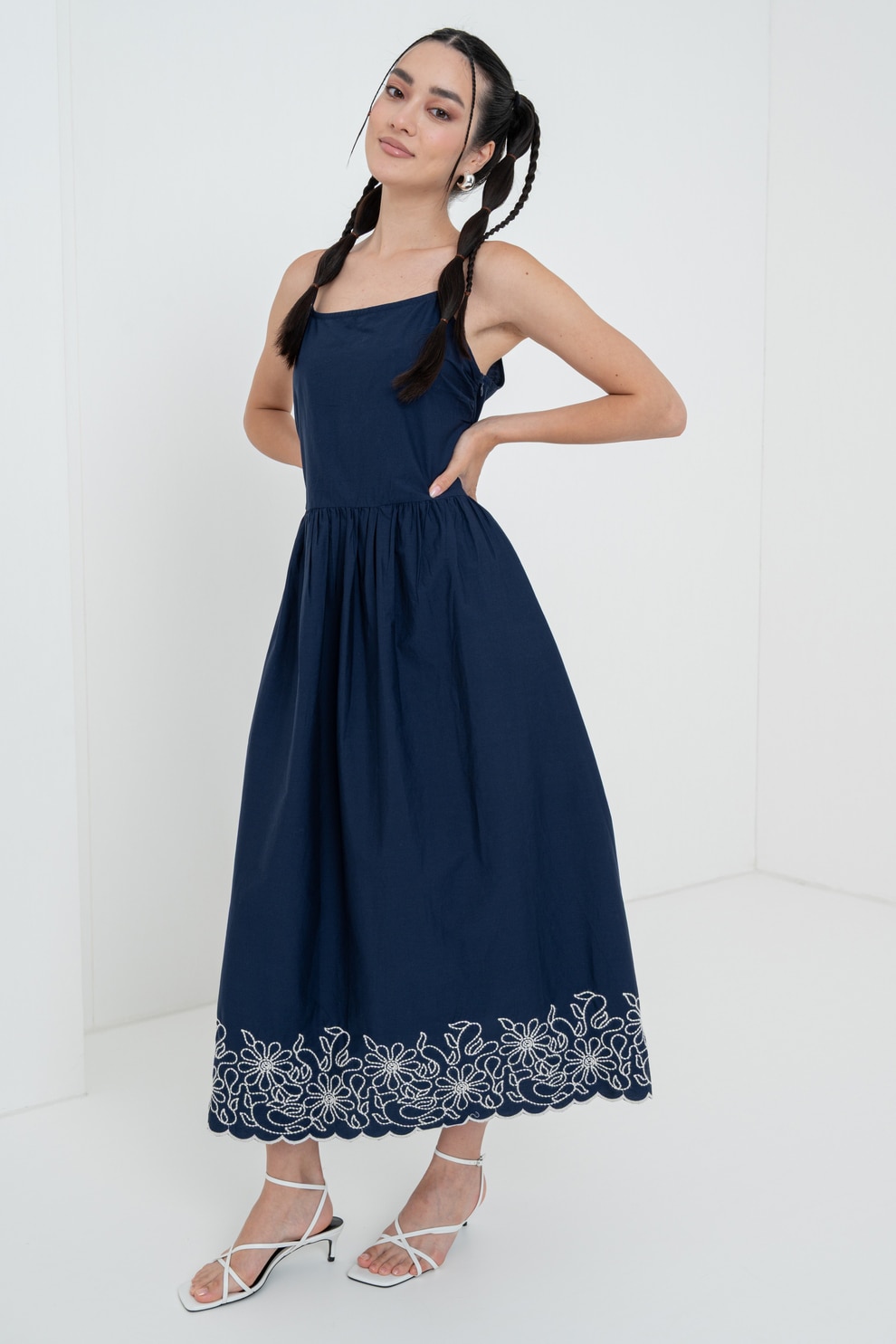 United Colors of Benetton, Rochie de bumbac cu broderie florala, Alb, Bleumarin, M