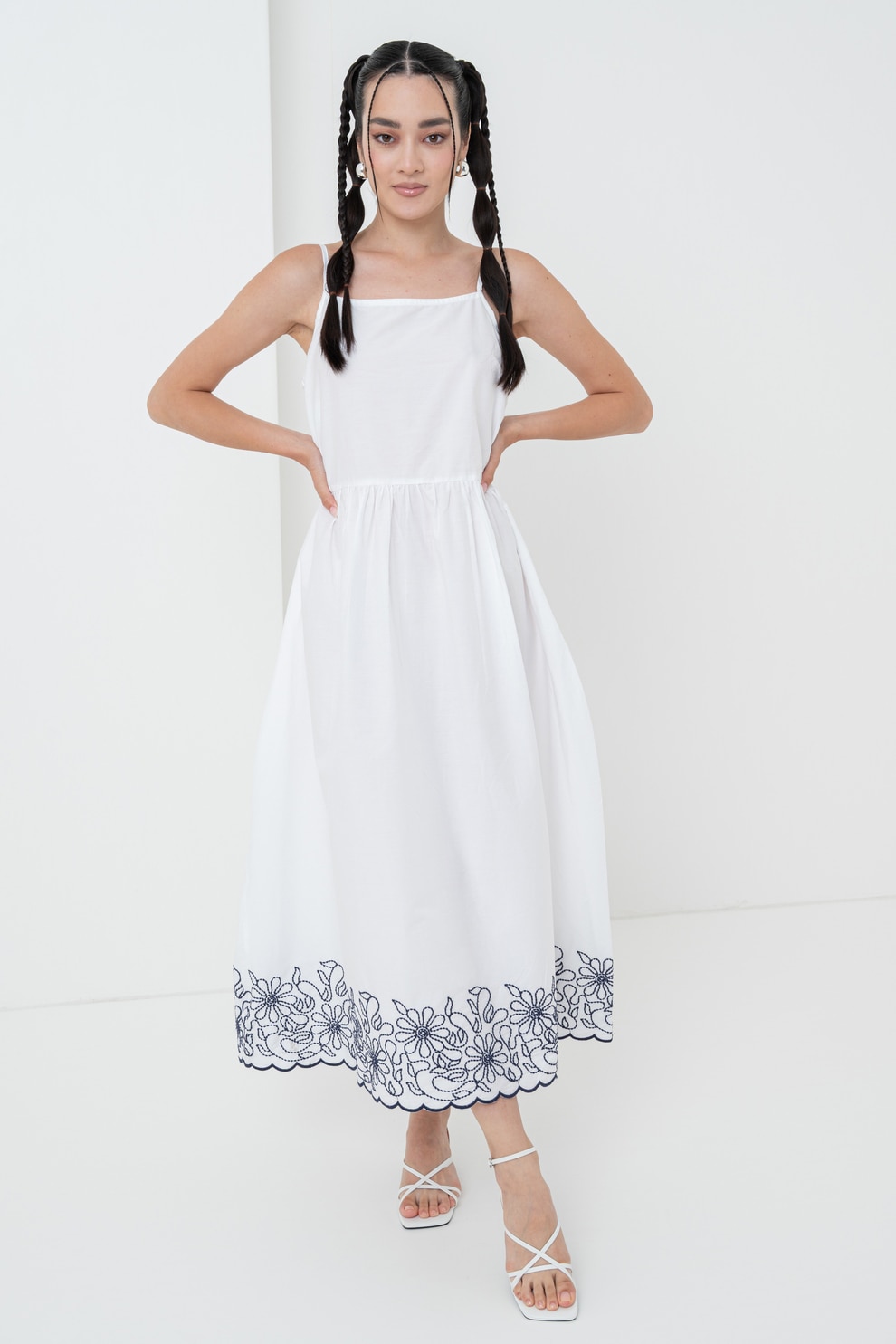 United Colors of Benetton, Rochie de bumbac cu broderie florala, Alb optic, Bleumarin, S