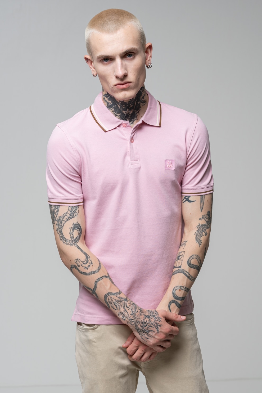 United Colors of Benetton, Tricou polo cu logo brodat, Roz pastel, M