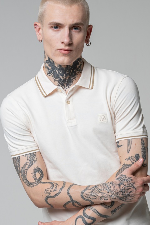 United Colors of Benetton, Tricou polo cu logo brodat, Kaki, Crem, S