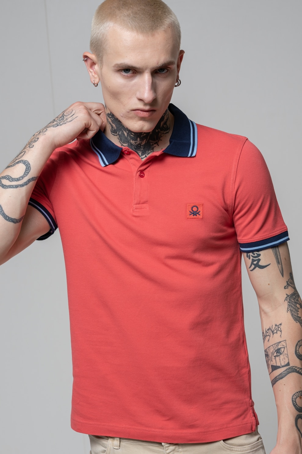 United Colors of Benetton, Tricou polo cu logo brodat, Corai, Albastru, S