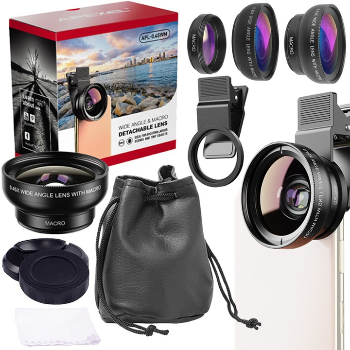 Kit lentile profesionale 6 in 1 RENEW FORCE®, Fish Eye, Wide Angle, macro, cu clip de prindere compatibil cu Samsung, Iphone sau alte telefoane smart, compact pentru calatorii, ideal pentru selfie, Negru LENS KIT WIDE ANGLE LENS