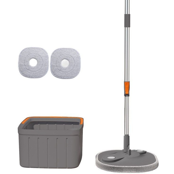 Set Mop Rotativ cu Galeata Patrata, Doua Compartimente pentru Apa Curata si Murdara, Robinet pentru evacuare a apei, Gri