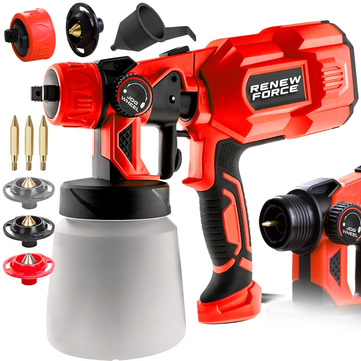 Pistol Profesional De Vopsit Si Zugravit, Electric, Cu Rezervor De Vopsea, 70DIN 550w, Portabil, Plastic, ABS, 3 duze, Negru, Rosu, Pistol vopsire, rezervor 1200ml, 100-200ml / min, reglare debit vopsea, cu accesorii PM-X10000