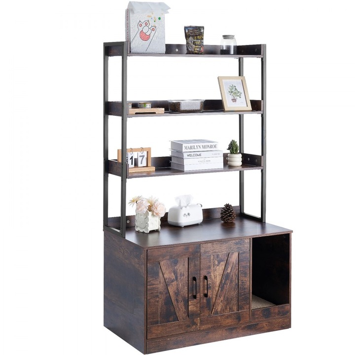 Dulap pentru litiera pisici, cu 4 niveluri, material MDF, capacitate 68 kg, maro si negru