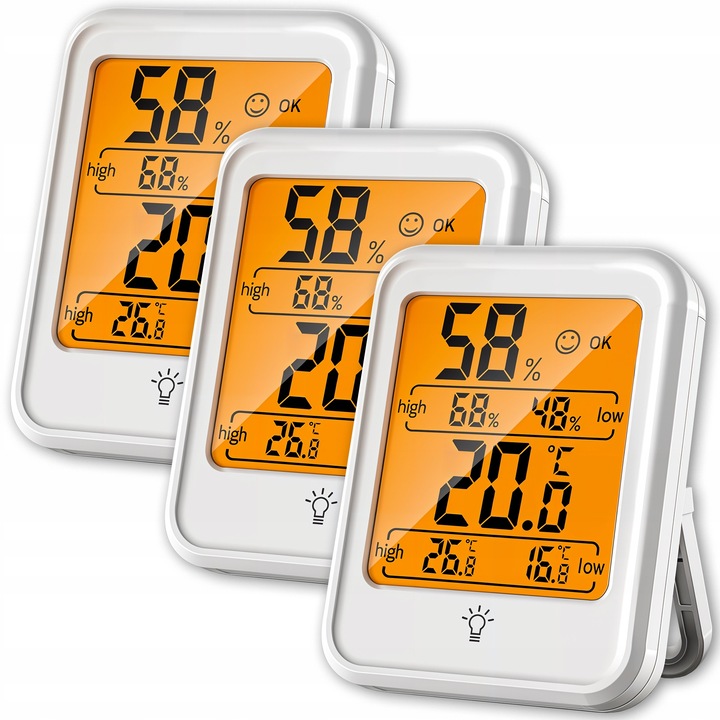 Комплект сензори за температура и влажност, Weishi, LCD екран, температурен диапазон: -20℃ до 70℃, диапазон на влажност: 10% ~ 99%, захранване: 2 × AAA, 8 см x 5,9 см x 2,3 см, бял, 3 броя