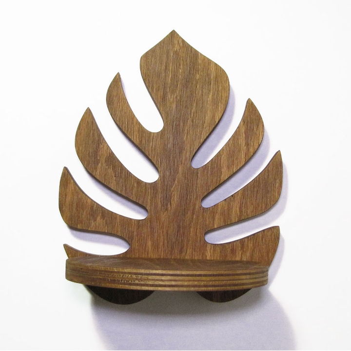 Polita din fag, lemn masiv, frunza Monstera, 27x17x14 cm, pigmen Nuc