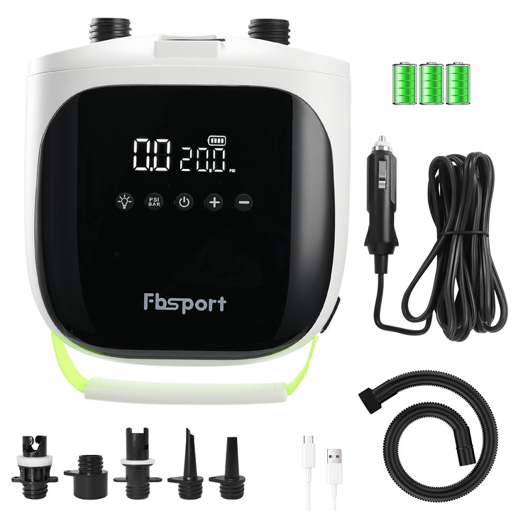 20 Psi akkumulátoros elektromos SUP pumpa, 12 V DC nagynyomású, automatikus kikapcsoló funkcióval, 2 fokozatú felfújás/leeresztés és LCD kijelző, SUP deszkához, kajakhoz, matracokhoz, sátrakhoz