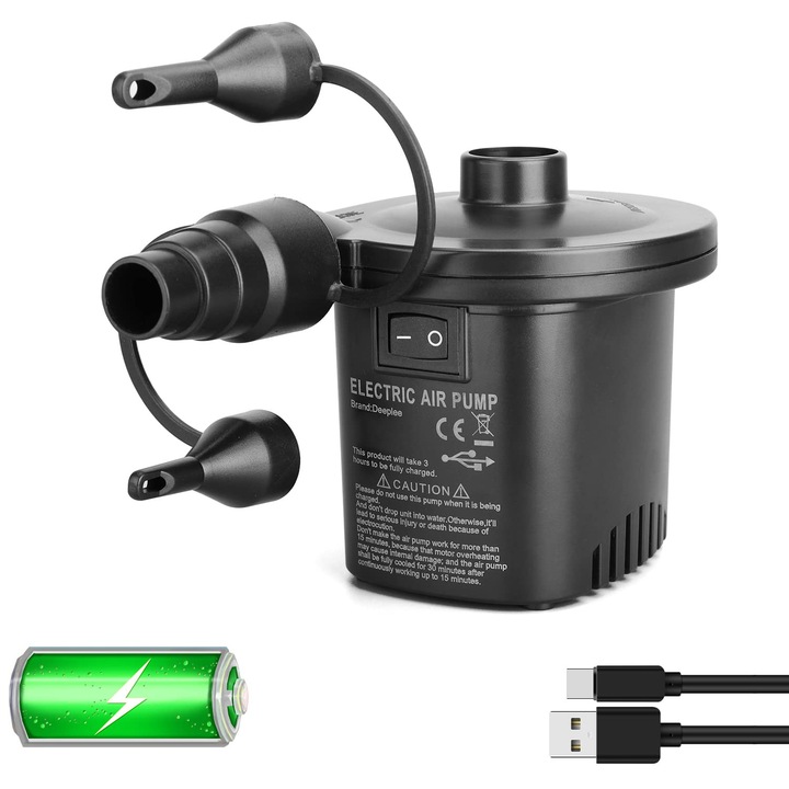 Deeplee elektromos légpumpa, USB felfújható matracpumpa, 2 az 1-ben, elektromos felfújó és leeresztő pumpa 3 légfúvókával felfújható matrachoz, párnához, ágyhoz, csónakhoz, úszógyűrűhöz, 2000Mah frissítve