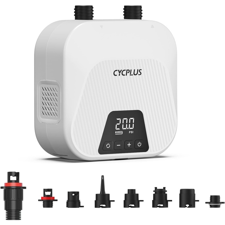 Cycplus intelligens légpumpa nagynyomású SUP-hoz 20Psi, elemes működésű, kétlépcsős intelligens felfújás és leeresztés, automatikus leállású légpumpa állószörfözéshez, kiteszörfözéshez, sátorhoz, matrachoz