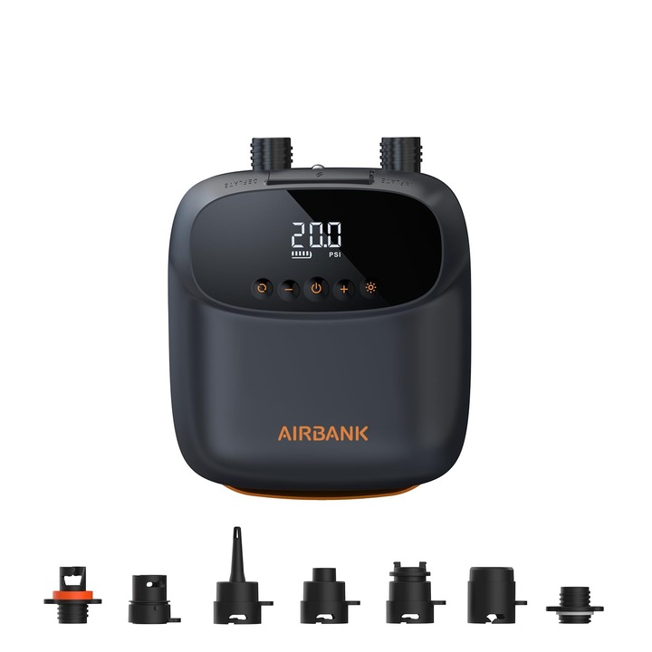 Airbank elektromos légpumpa, akkumulátoros SUP pumpa, Puffer Pro, kétfokozatú újratölthető légpumpa automatikus kikapcsolással SUP-hoz, szárnyfóliához és kite-hoz, sátorhoz, matrachoz (narancssárga)
