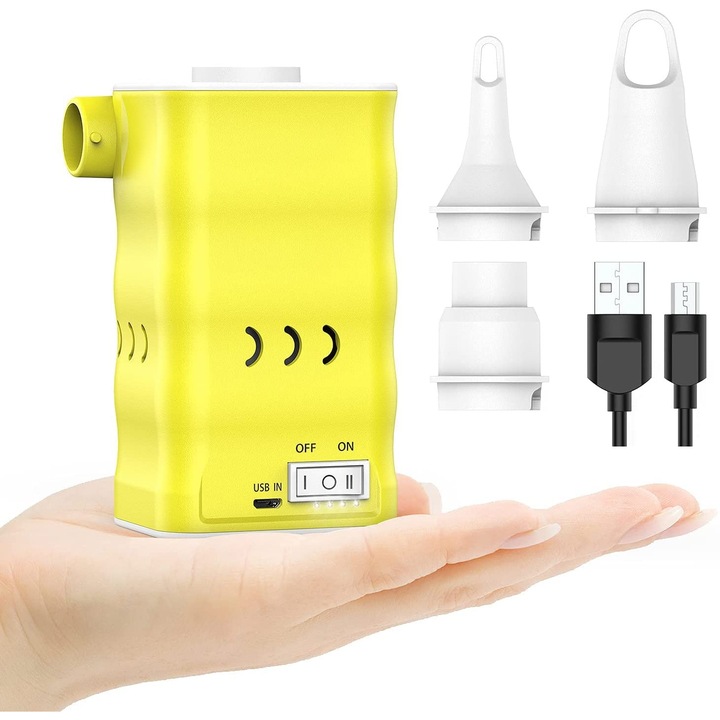Elektromos légpumpa, Dr.Meter 6000Mah újratölthető mini pumpa 3 légfúvókával, gyors elektromos felfújó felfújható matrachoz, úszómedencéhez, felfújható csónakhoz (sárga)