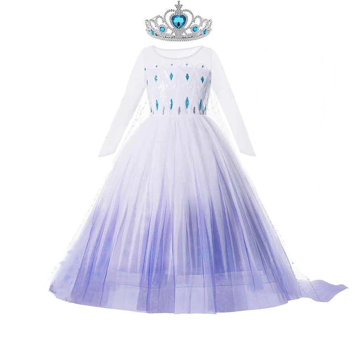 Rochie Elsa cu trena, diadema, codita si bagheta magica, marimea S, 3-4 ani
