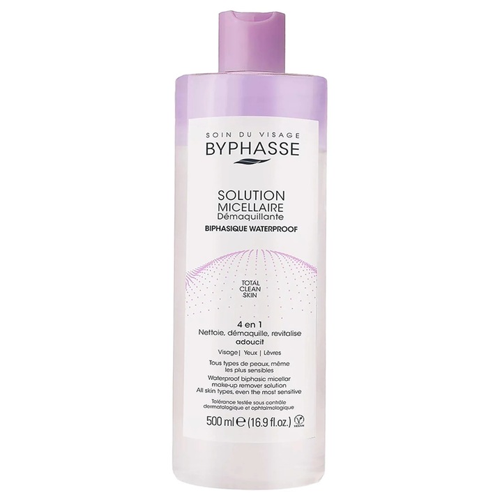 Solutie Micelara, Byphasse, Total Clean Skin, 4 in 1, Indeparteaza Eficient Machiajul Rezistent la Apa si Impuritatile, pentru Toate Tipurile de Ten, Formula Bifazica, 500ml