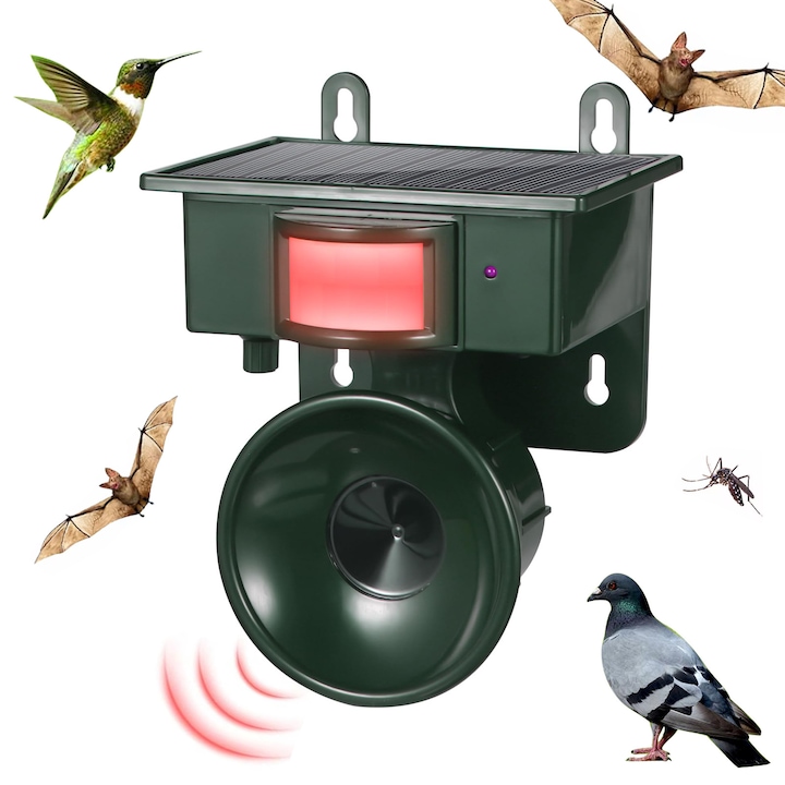 Repelent cu ultrasunete pentru pasari, repelent pentru animale, repelent pentru rozatoare, Fudisenn, 8 sunete, 32 de moduri, 8 setari de temporizator, 3 setari de putere, control complet automat, senzor automat de lumina, impermeabil, verde inchis