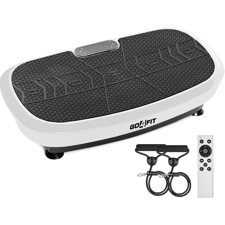 Aparat Vibromasaj GO4FIT®, Model GF2000, 200W, 120 Niveluri Viteza, Programe Presetate P1-P5, Bluetooth & Boxe, LED Display, Timp, Telecomanda, Benzi Incluse, Greutate Maxima 150 kg, Dimensiuni 79x42x14 cm, Alb