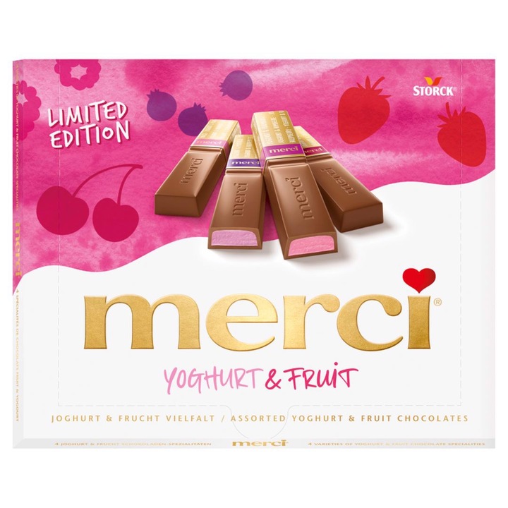 Merci cu Iaurt si Fructe, 4 tipuri de iaurt si specialitati de ciocolata cu fructe, 250 g