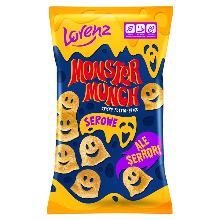 Chipsuri de cartofi cu branza Monster Munch 100g, vegetariene, fara conservanti, forma de fantoma