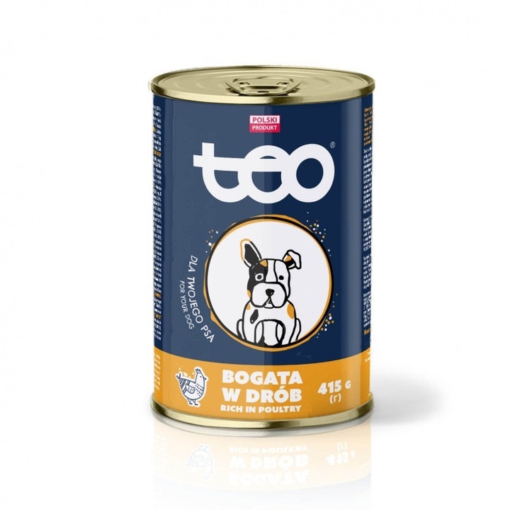 Hrana umeda pentru caini, TEO, bogata in carne de pasare, 415g, bucati in sos, pentru caini adulti de toate rasele, conserva, cu complex de minerale si vitamine