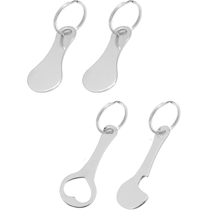 4 db-os multifunkciós kulcstartó készlet, bevásárlókocsi-nyitó, rozsdamentes acél, 5,5 x 2,3 cm, ezüst